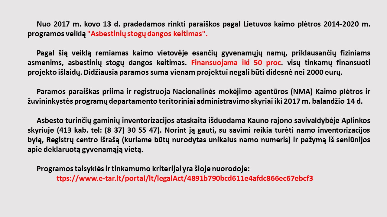 Parama asbestinių stogų dangos keitimui